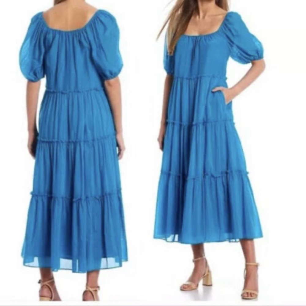 ANTONIO MELANI Vibrant Blue Midi Tiered Dress With Puffy Sleeves Size Large